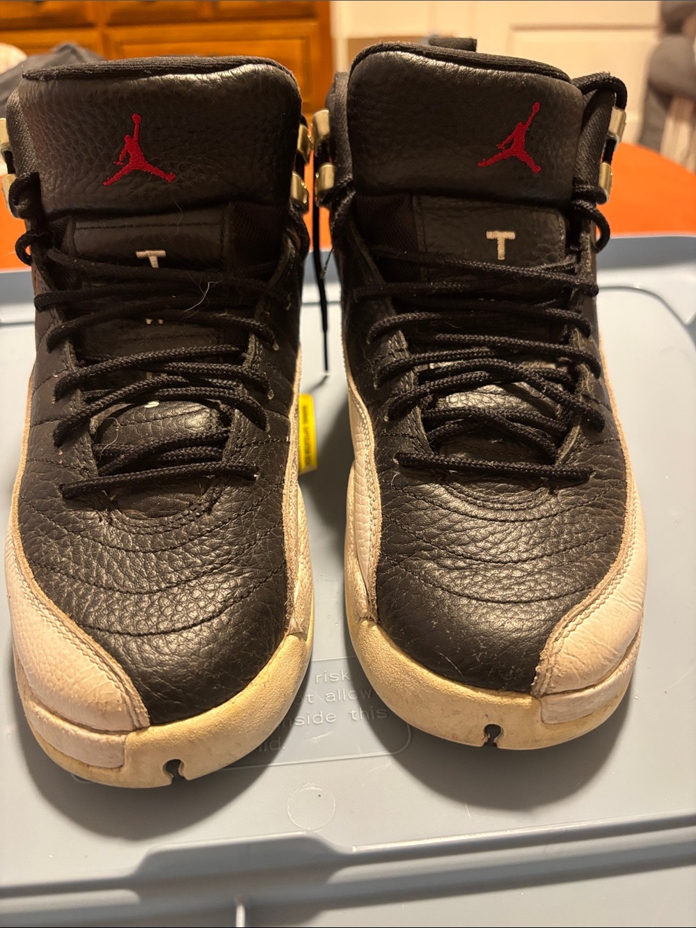 Jordan 12s  Kids Black and White High-Top Sneakers with Red Jumpman